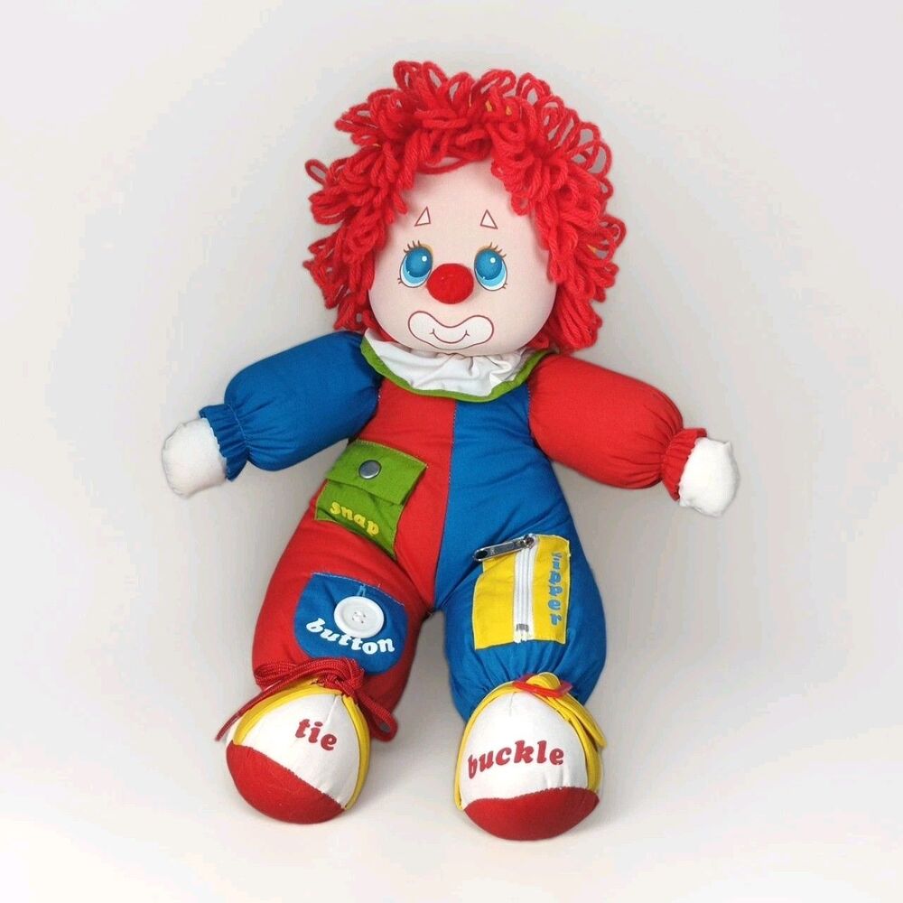 1983 Vintage Amtoy Teach Me To Dress Clown Doll Plush 16" Zipper Button Snap Tie